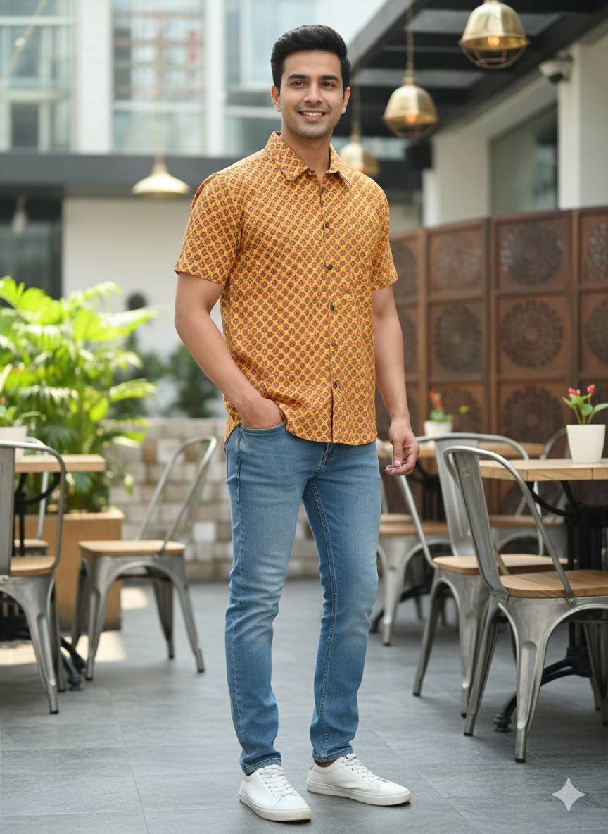 Men Classic Spread Collar Floral Printed Cotton Slim Fit Casual Shirt