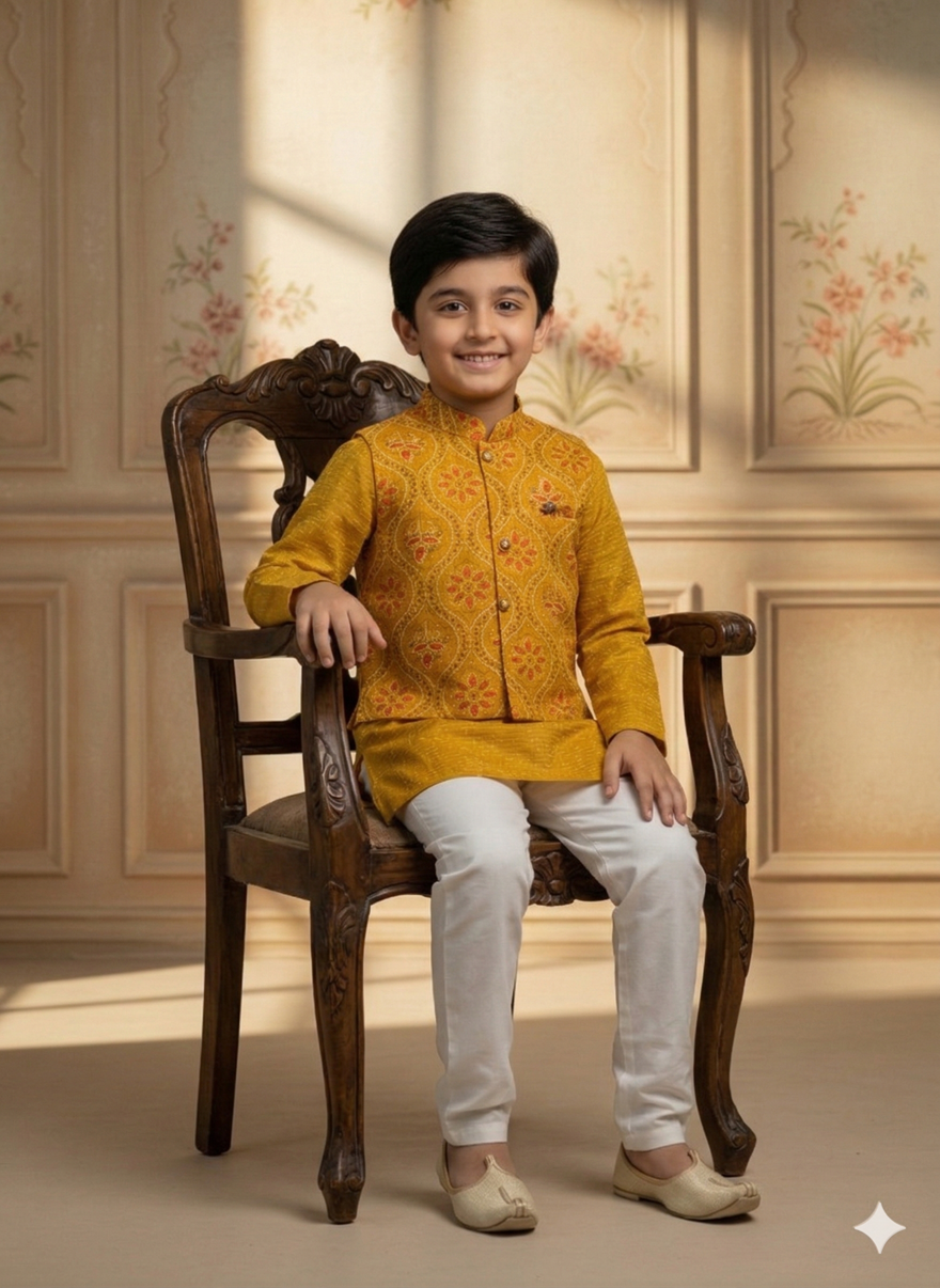 Baby Boy Cotton Kurta Payjama With Jacket Set