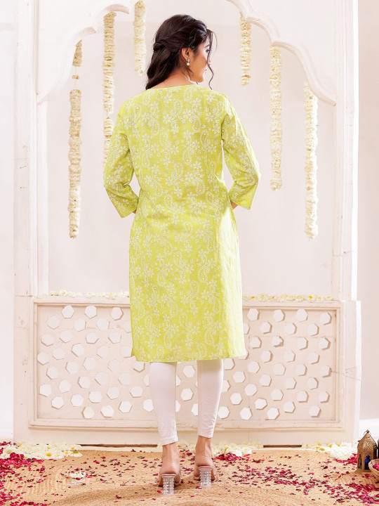 Floral Printed Notch Neck Pure Cotton Straight Kurta Hover