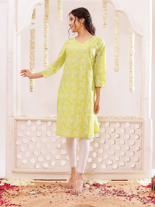 Floral Printed Notch Neck Pure Cotton Straight Kurta