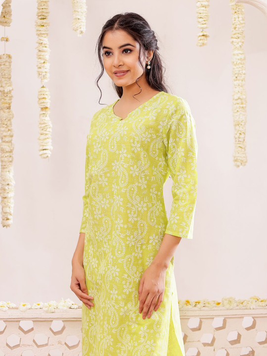 Floral Printed Notch Neck Pure Cotton Straight Kurta
