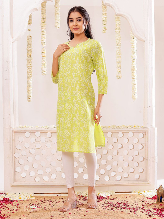 Floral Printed Notch Neck Pure Cotton Straight Kurta