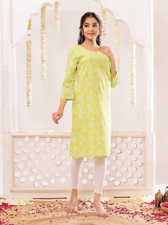 Floral Printed Notch Neck Pure Cotton Straight Kurta