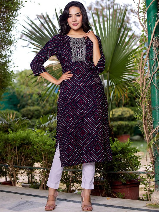 Bandhani Printed Embroidered Regular Sleeves Sequinned Straight Kurta