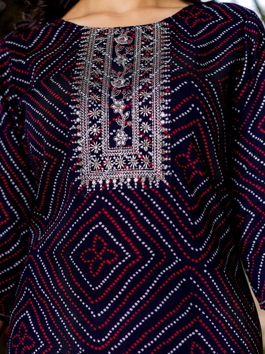 Bandhani Printed Embroidered Regular Sleeves Sequinned Straight Kurta Hover