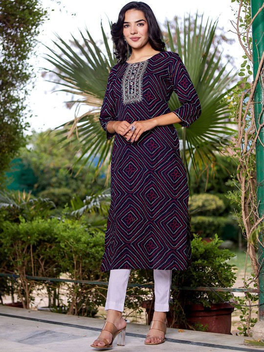 Bandhani Printed Embroidered Regular Sleeves Sequinned Straight Kurta