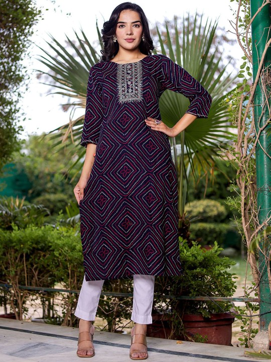 Bandhani Printed Embroidered Regular Sleeves Sequinned Straight Kurta