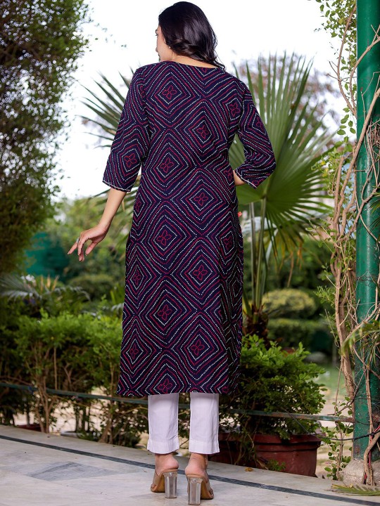 Bandhani Printed Embroidered Regular Sleeves Sequinned Straight Kurta