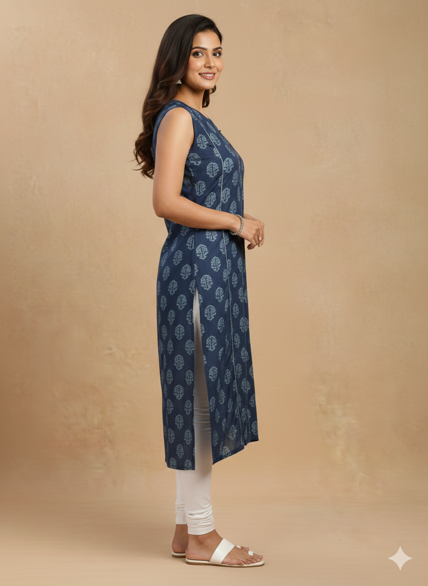 Women's Floral Printed Round Neck Sleeveless Straight Kurta