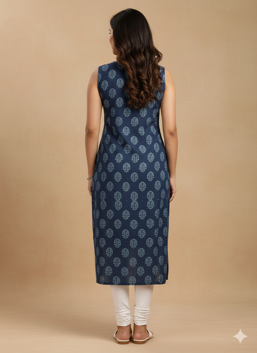 Women's Floral Printed Round Neck Sleeveless Straight Kurta