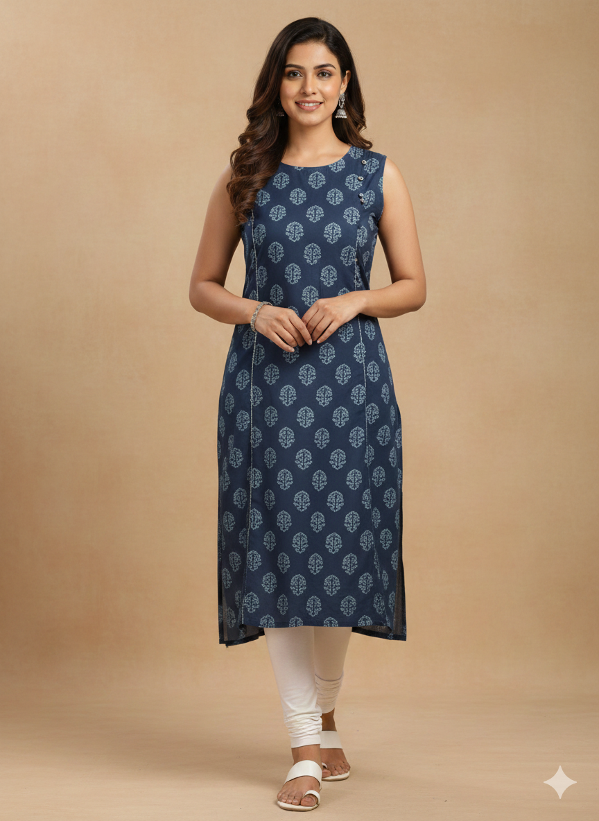 Women's Floral Printed Round Neck Sleeveless Straight Kurta
