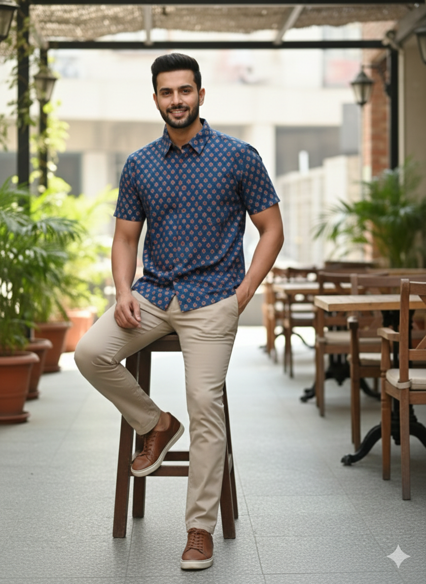 Men Classic Spread Collar Floral Printed Cotton Slim Fit Casual Shirt