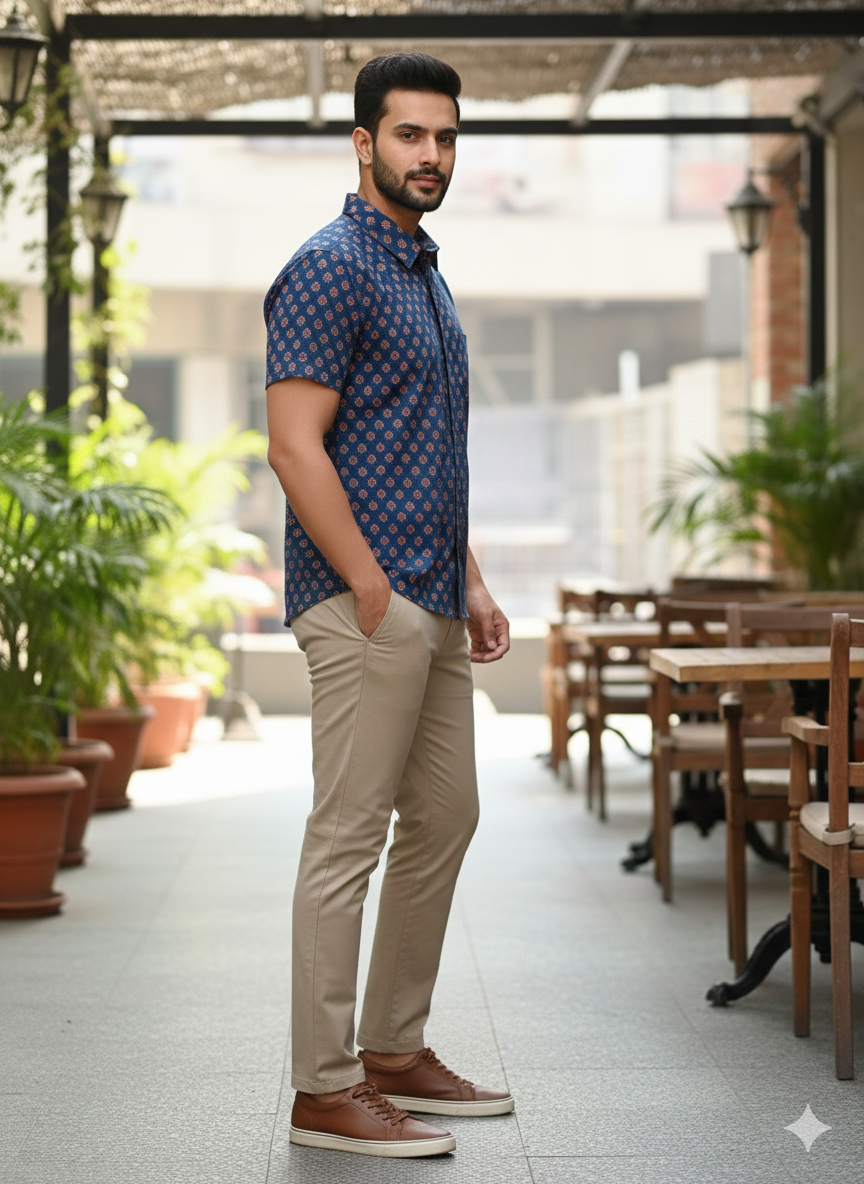 Men Classic Spread Collar Floral Printed Cotton Slim Fit Casual Shirt Hover