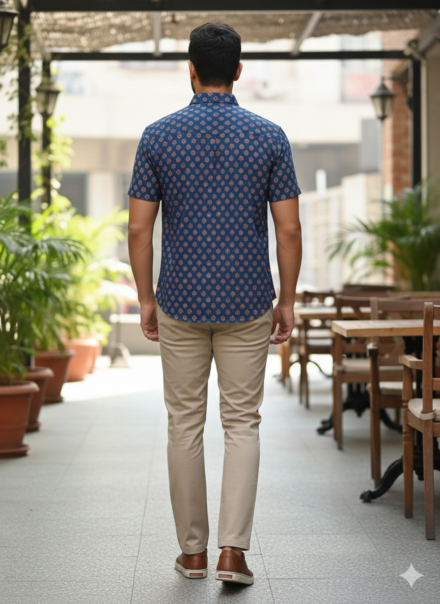 Men Classic Spread Collar Floral Printed Cotton Slim Fit Casual Shirt