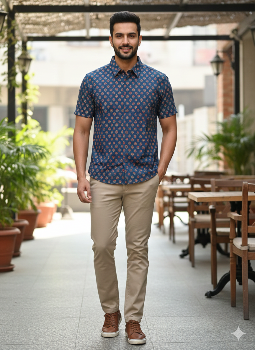 Men Classic Spread Collar Floral Printed Cotton Slim Fit Casual Shirt