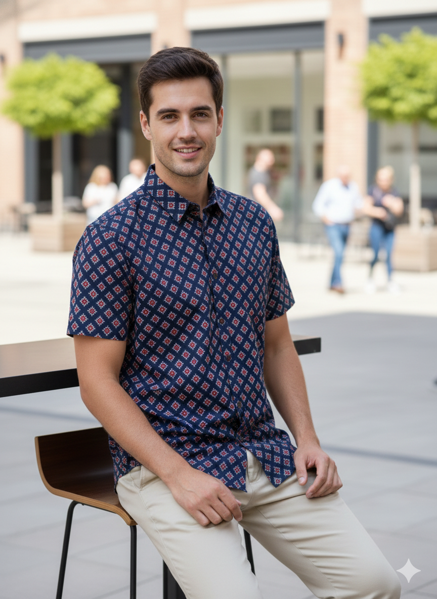 Men Classic Spread Collar Printed Cotton Slim Fit Casual Shirt