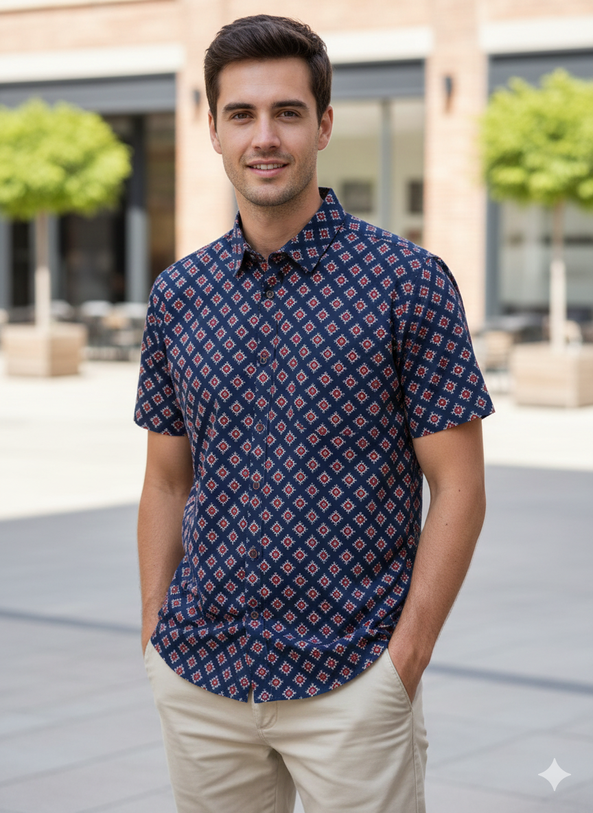 Men Classic Spread Collar Printed Cotton Slim Fit Casual Shirt