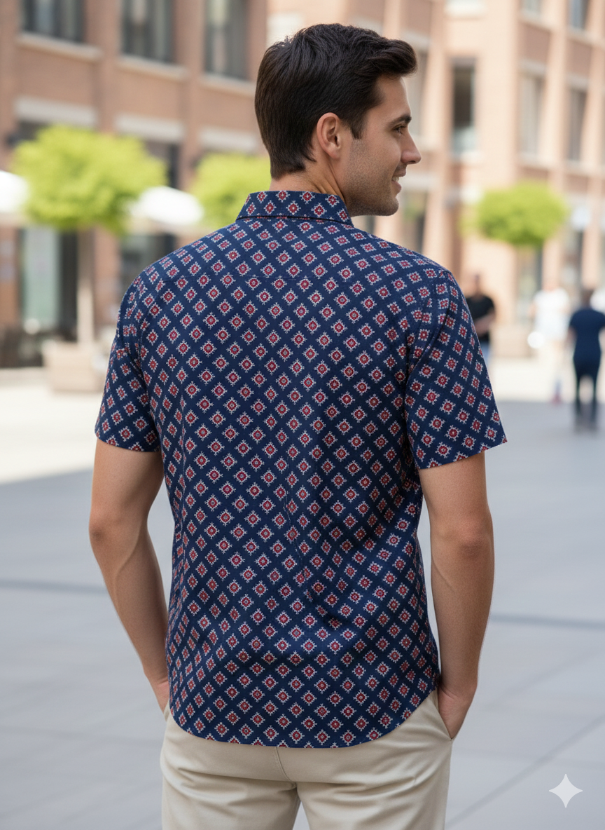 Men Classic Spread Collar Printed Cotton Slim Fit Casual Shirt