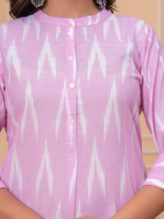 Ikkat Pure Cotton Mandarin Collar Straight Kurta With Trousers & Dupatta