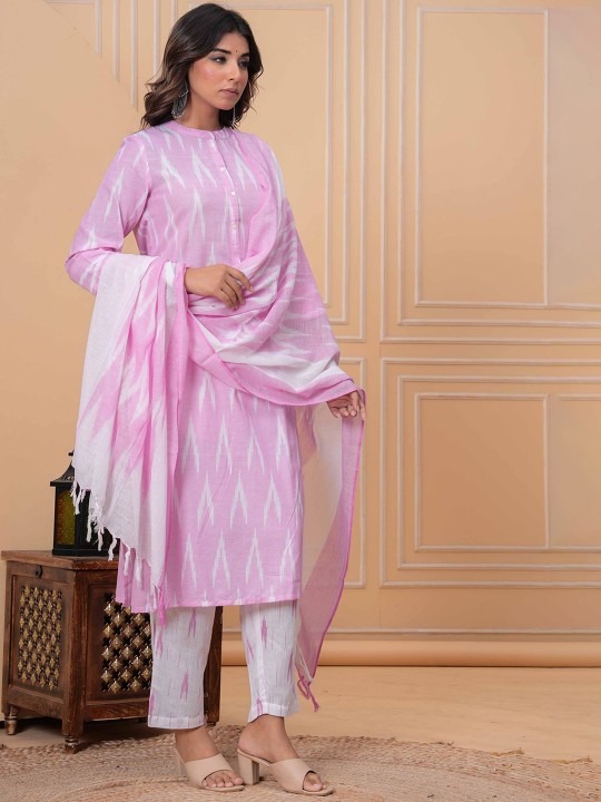 Ikkat Pure Cotton Mandarin Collar Straight Kurta With Trousers & Dupatta