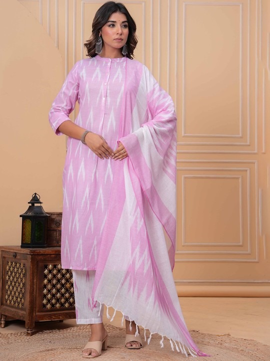 Ikkat Pure Cotton Mandarin Collar Straight Kurta With Trousers & Dupatta