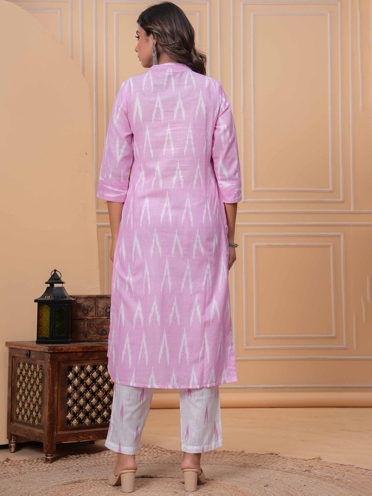Ikkat Pure Cotton Mandarin Collar Straight Kurta With Trousers & Dupatta