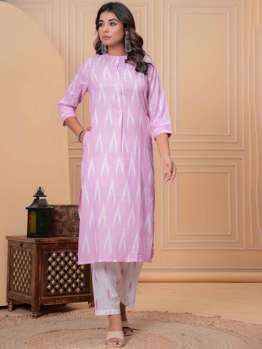 Ikkat Pure Cotton Mandarin Collar Straight Kurta With Trousers & Dupatta