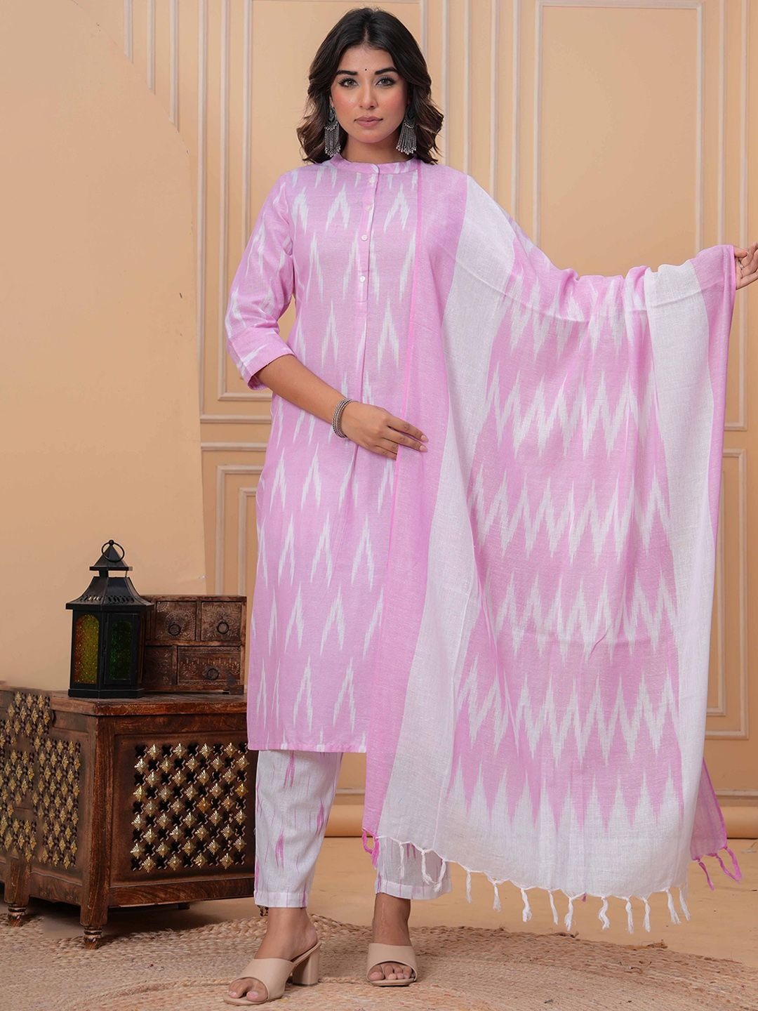 Ikkat Pure Cotton Mandarin Collar Straight Kurta With Trousers & Dupatta