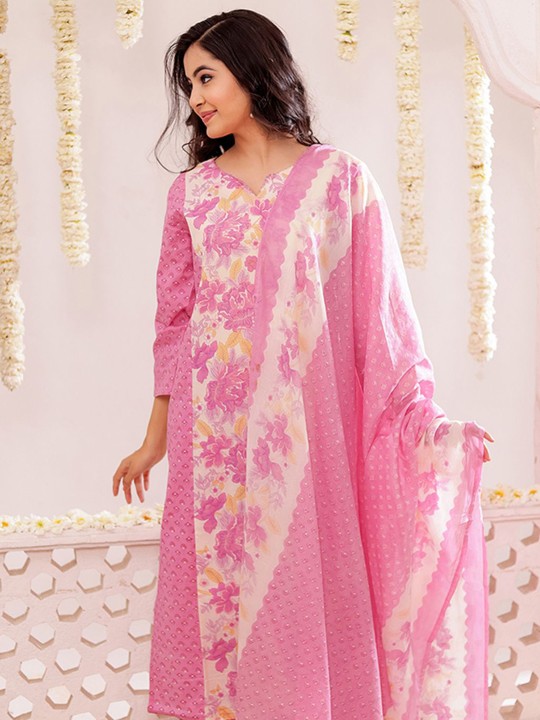 Pure Cotton Floral Printed Kurta, Trousers & With Dupatta