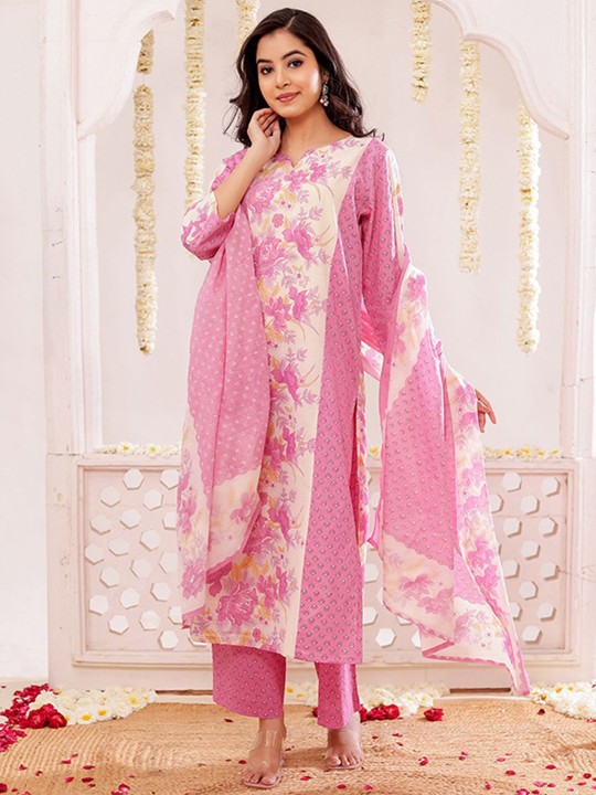 Pure Cotton Floral Printed Kurta, Trousers & With Dupatta