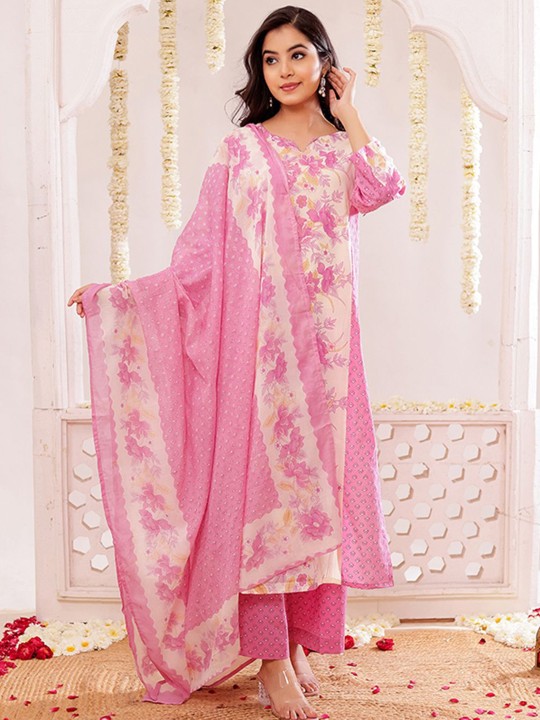 Pure Cotton Floral Printed Kurta, Trousers & With Dupatta