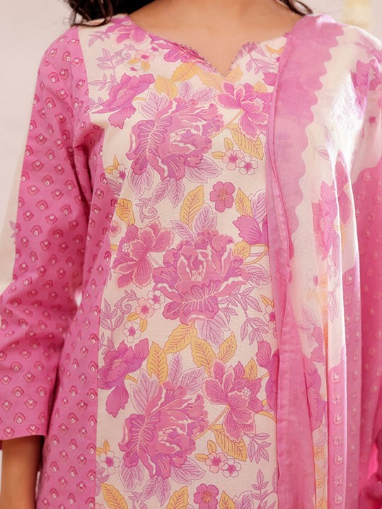 Pure Cotton Floral Printed Kurta, Trousers & With Dupatta