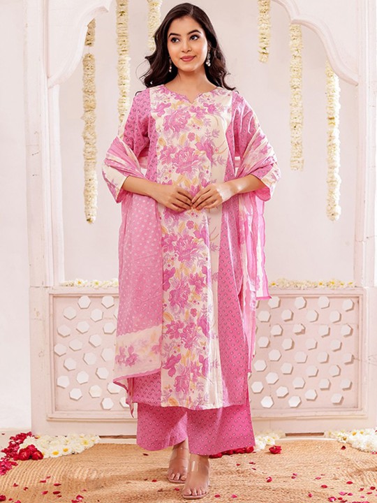 Pure Cotton Floral Printed Kurta, Trousers & With Dupatta