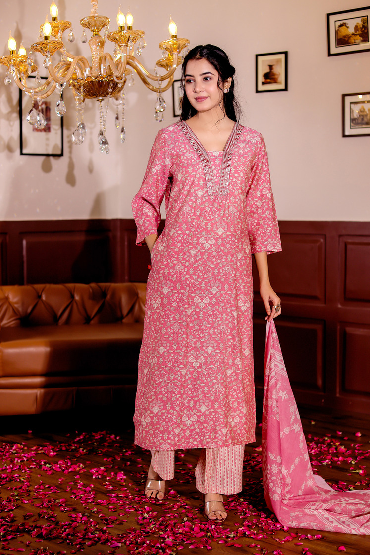 Modal Chanderi Mirror Work Straight Kurta,Trouser With Dupatta