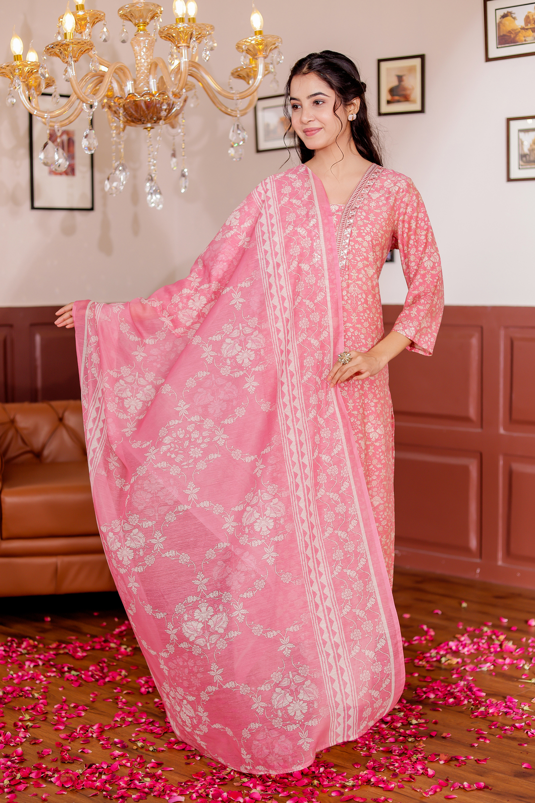 Modal Chanderi Mirror Work Straight Kurta,Trouser With Dupatta