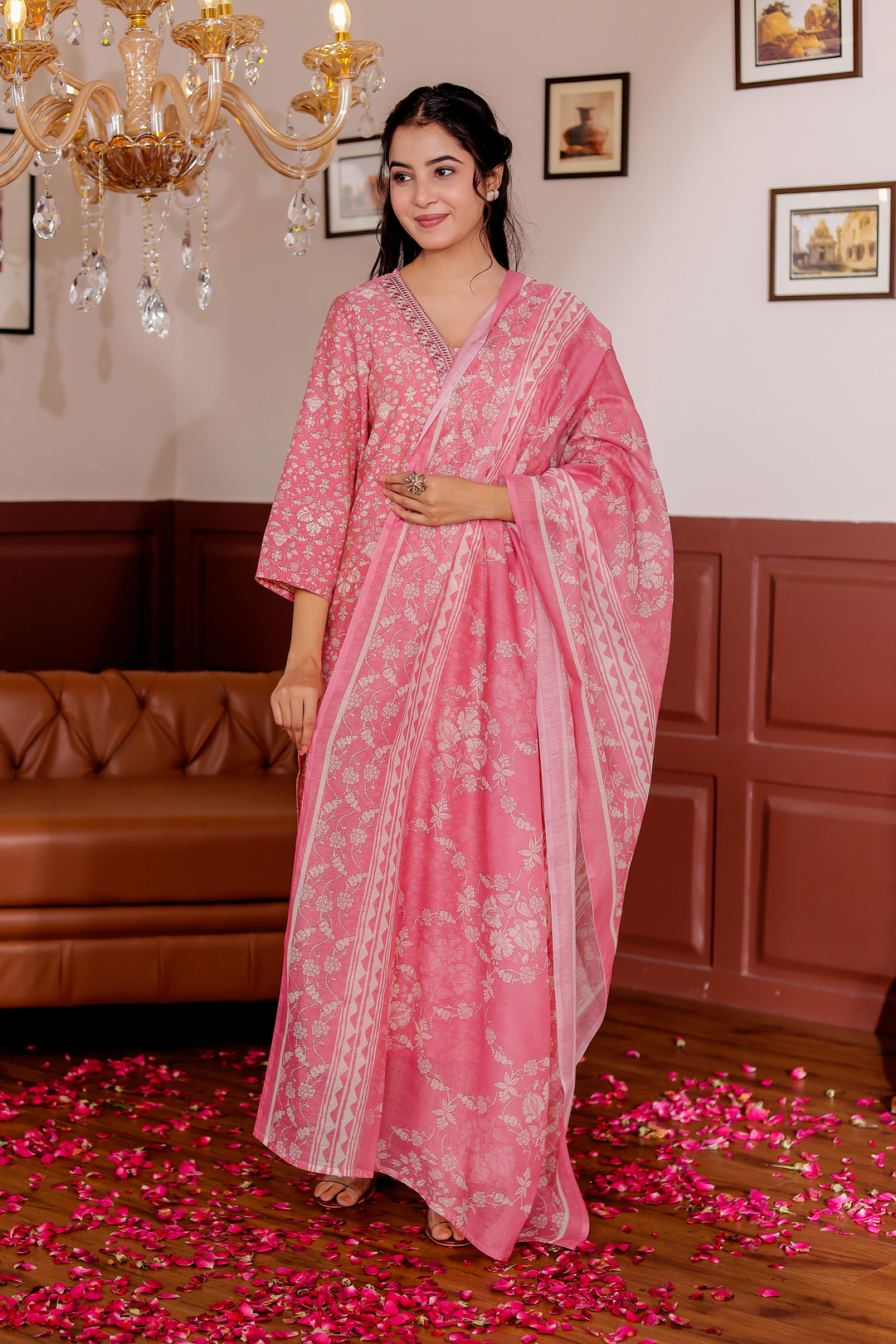 Modal Chanderi Mirror Work Straight Kurta,Trouser With Dupatta