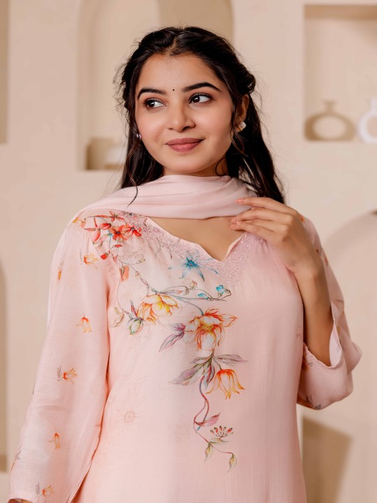 Cotton Floral Printed Adda Work Straight Kurta ,TrouserWith Dupatta