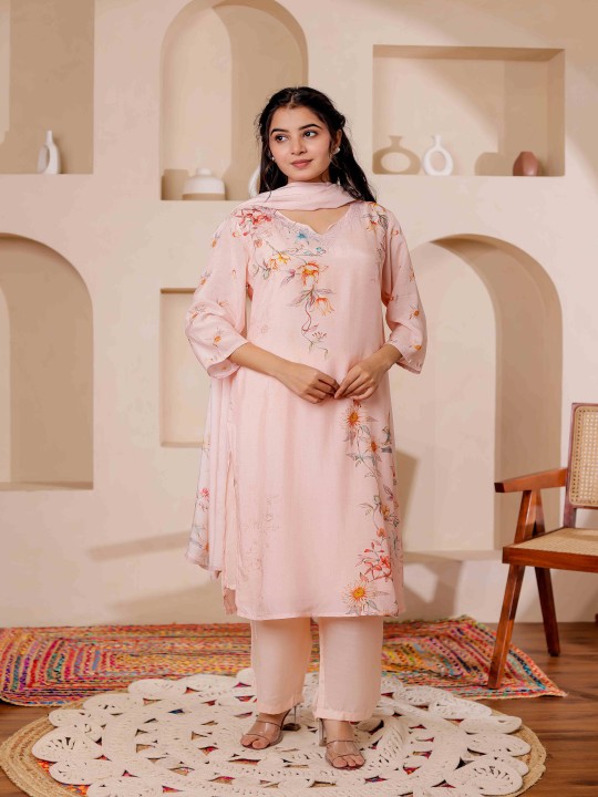 Cotton Floral Printed Adda Work Straight Kurta ,TrouserWith Dupatta