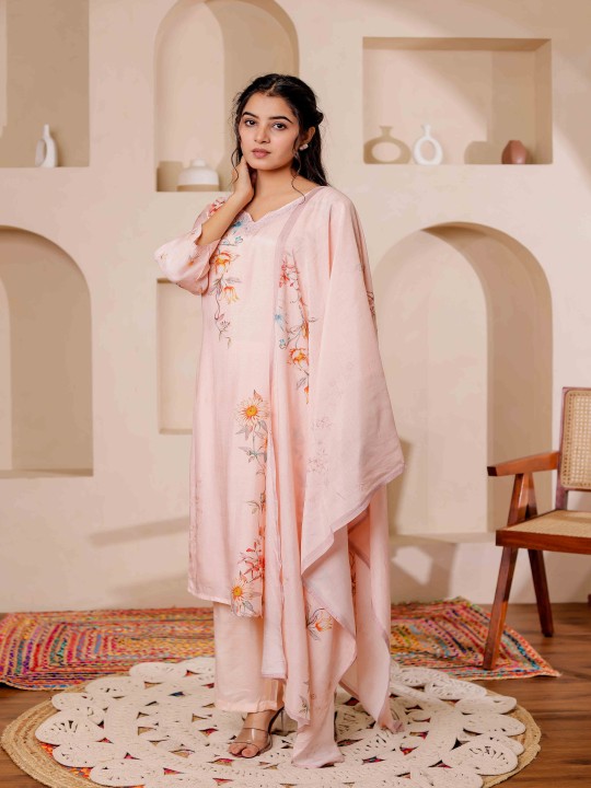 Cotton Floral Printed Adda Work Straight Kurta ,TrouserWith Dupatta