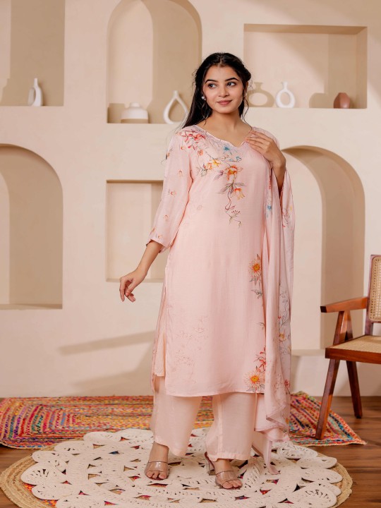Cotton Floral Printed Adda Work Straight Kurta ,TrouserWith Dupatta