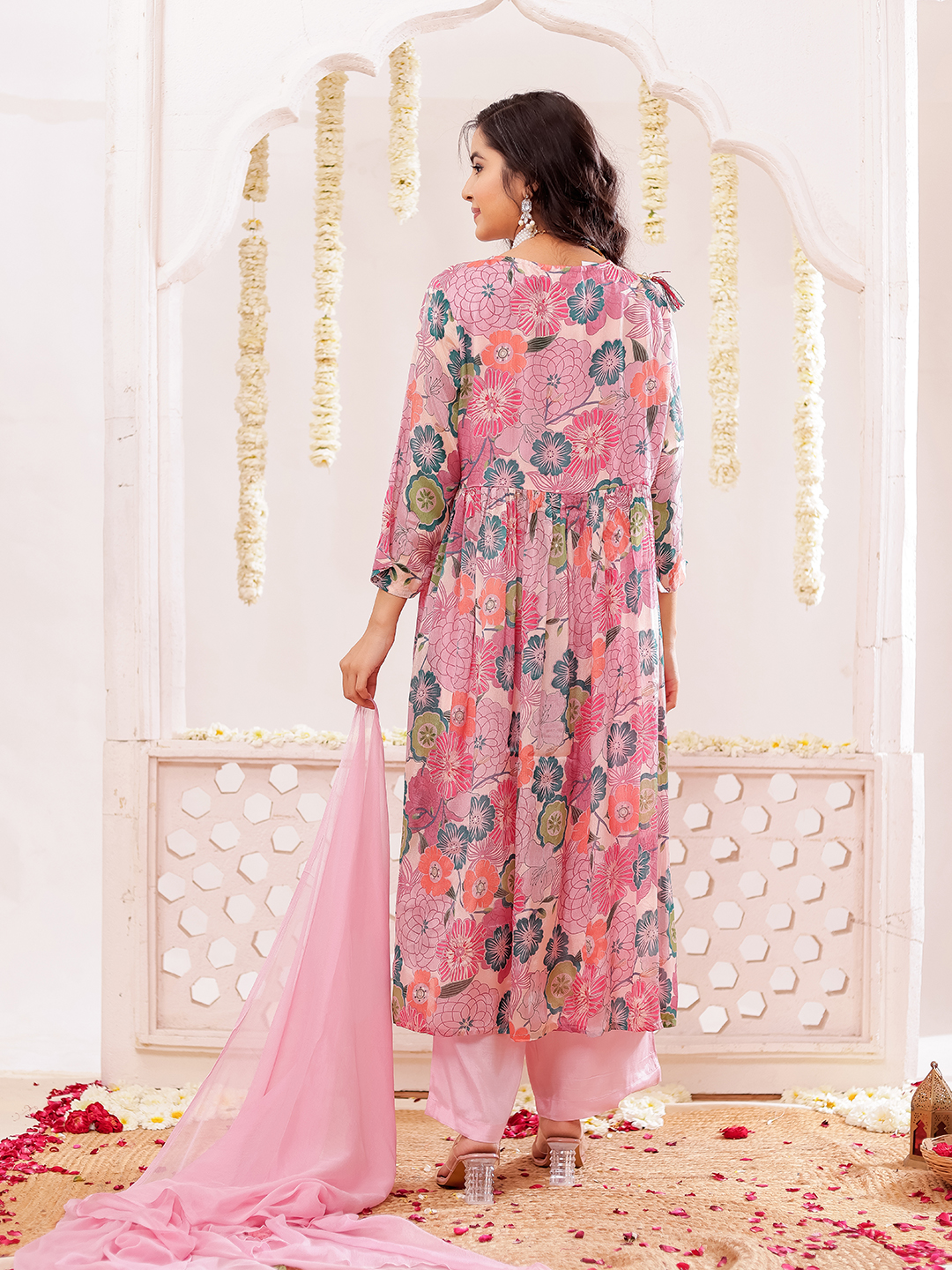 Chinon Floral Printed Adda Work Kurta, Trousers & With Dupatta Hover