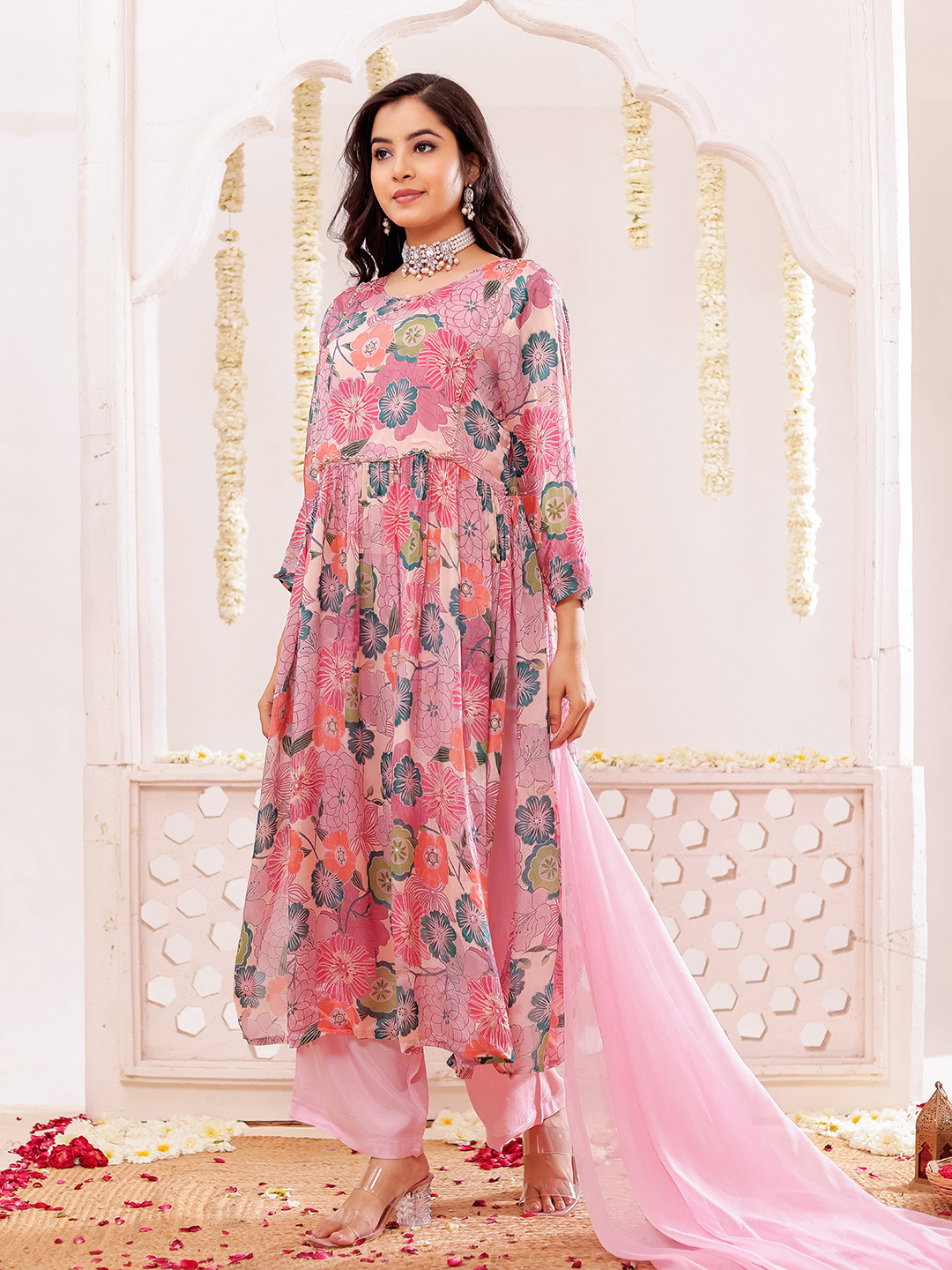 Chinon Floral Printed Adda Work Kurta, Trousers & With Dupatta Hover