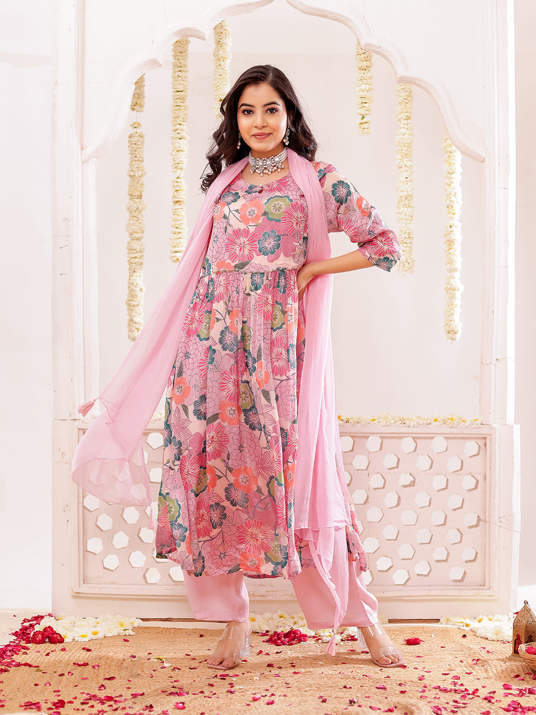 Chinon Floral Printed Adda Work Kurta, Trousers & With Dupatta