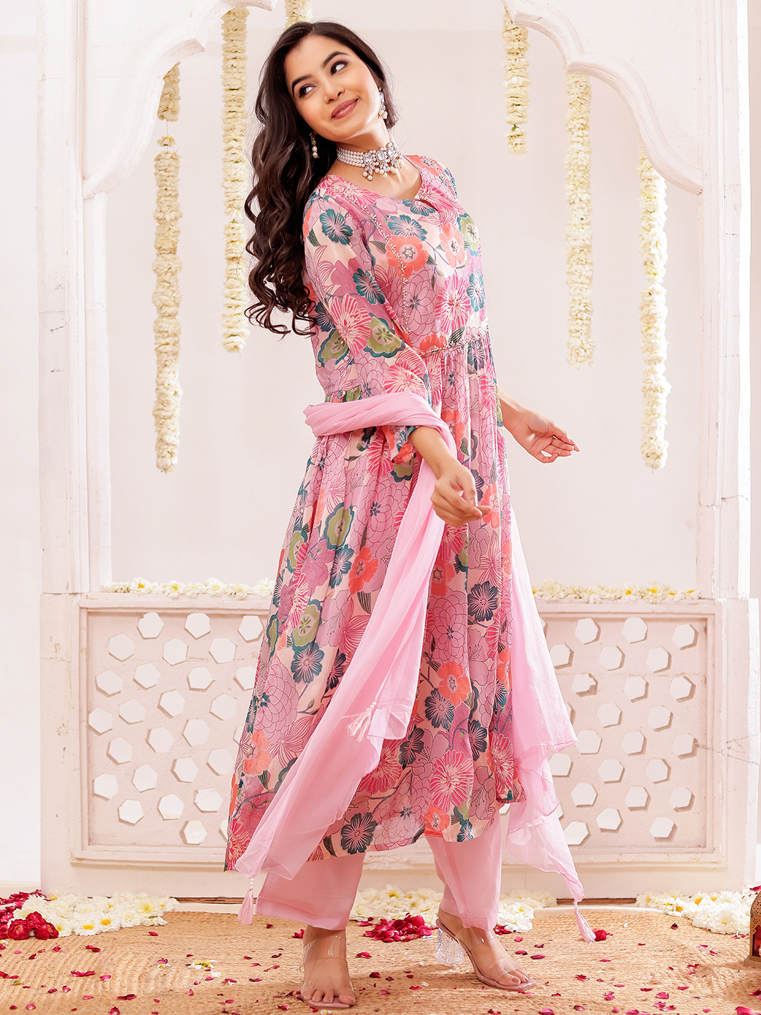 Chinon Floral Printed Adda Work Kurta, Trousers & With Dupatta