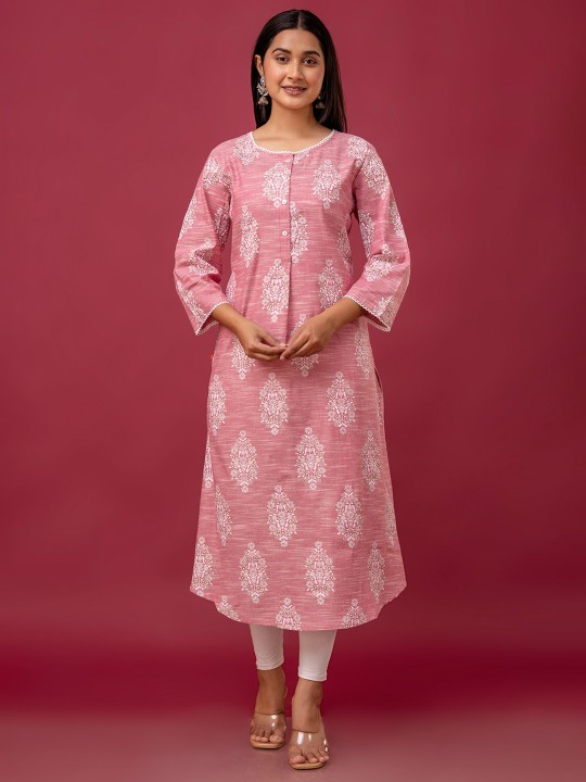 Floral Printed Round Neck Cotton A-Line Kurta Hover