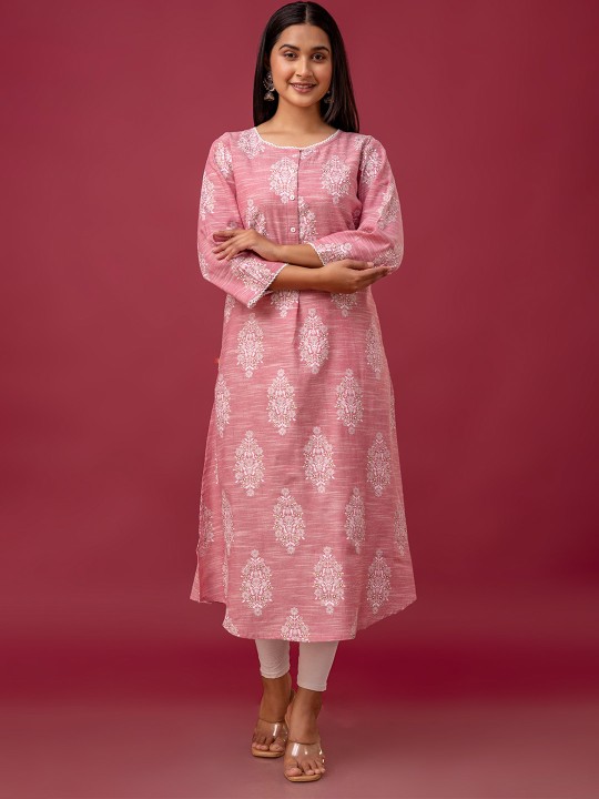 Floral Printed Round Neck Cotton A-Line Kurta