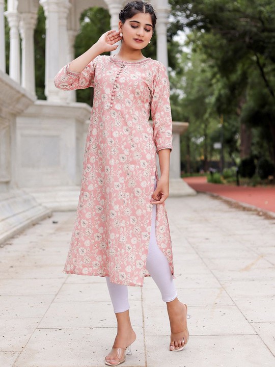 Floral Printed Mirror Work Muslin Straight Kurta