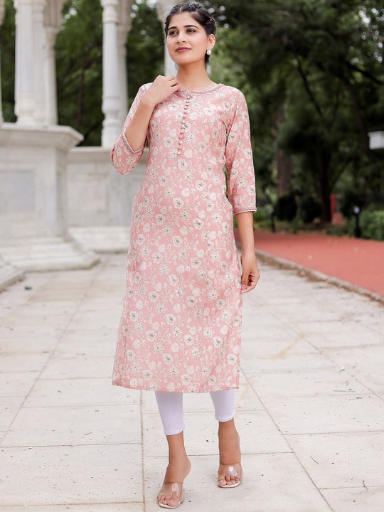 Floral Printed Mirror Work Muslin Straight Kurta