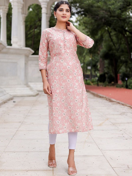Floral Printed Mirror Work Muslin Straight Kurta