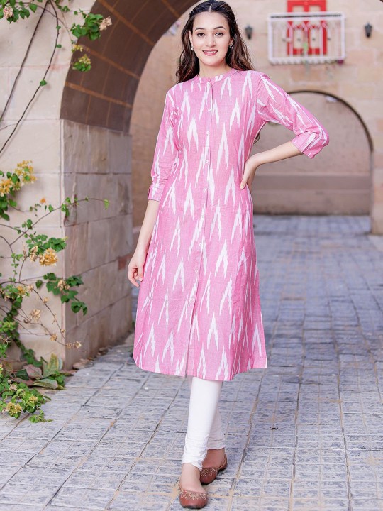 Ikat Printed Mandarin Collar Cotton A-Line Kurta